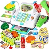 HERSITY Kaufladen Kasse Spielzeug, Registrierkasse Kinder mit Scanner Mikrofon, Große Spielkasse 31*15*12cm, Supermarktkasse mit Lichtern und Sound Rollenspiel Geschenk Jungen Mädchen 3 4 5 Jahren