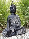 K&L Wall Art Sitzender Buddha Beton Grau Kunststein Feng Shui Deko Figur große Buddhastatue Garten Statue (45cm Höhe Silber schwarz)