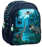 Kinder Jungen Rucksack Kinderrucksack mit coolem Dinosaurier Dino T-Rex Motiv, mit zwei großen Fächern, Fronttasche und seitlichen Getränkenetzen, 29 x 24 x 14 cm, blau