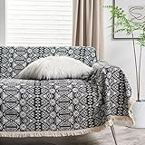 Bohemian-Couchüberzug, Baumwolldecke, Blume, Jacquard, gewebter Sofabezug, Vintage-Stil, für 1-, 2-, 3-, 4-Sitzer-Sofa, schwarz, 180 x 380 cm
