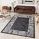 TAPISO Dream Teppich Wohnzimmer Modern Kurzflor Grau Schwarz Creme Afrika Jaguar Zebra Tiermotiv Meliert Bordüre Schlafzimmer ÖKOTEX 160 x 230 cm