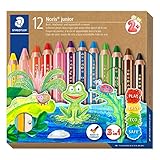 STAEDTLER 3in1 Buntstift Noris junior, Bunt-, Wachsmal- und Aquarellstift, extra bruchsicher, ideal für Kinder, für viele Oberflächen, Kartonetui mit 12 Farben inkl. Spitzer, 140 C12