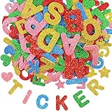 Qaestuan 215 Stück Moosgummi Buchstaben Selbstklebend, Alphabet Stern Herz Sticker, Glitter Alphabet Sticker für Kinder, Schaumstoff Stickers Schulkind, für Schultüte, Einschulung Schulanfang Deko