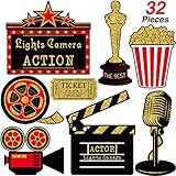 Hicarer 32 Stück Film-Party-Dekorationen, roter Teppich, Ausschnitte, Karten, Tischaufsätze, Filmthemen-Dekor, doppelseitiger Druck, goldfarben, schwarz, rot, für Nachtparty-Zubehör