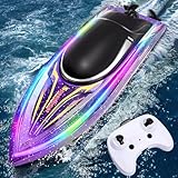 YOOHBERRYS Ferngesteuertes Boot, 2.4 GHz RC Boot, Motorboot Ferngesteuert Kinder mit DREI Mode LED-Licht und 2 Batterien, 15KM/H Rennboot Speedboot für Meere, Pools und Seen (Purple)