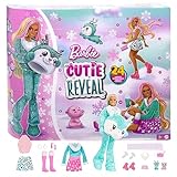 Barbie Cutie Reveal Adventskalender - 24 Überraschungen, Puppe, Glitzerrentier, Winteroutfits, Accessoires, Minihaustiere, für Kinder ab 3 Jahren, HJX76