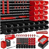 MASKO® Stapelboxen + Wandregal + Werkzeughalter 45-teiliges Set Box erweiterbar Sichtlagerkästen Schüttenregal Steckregal, Hängeregal Sortimentskasten Kleinteilemagazin Werkstatt-Regal Schwarz/Rot