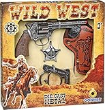Wild West Spielset 4-TLG. - 8-Schuss Revolver, Holster, Sheriffstern & Handschellen - Cowboy Set - Metall & Kunstleder - Rollenspielzeug für Kinder - Spielzeug - Kinder - Rollenspiel