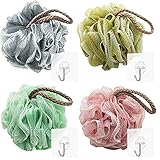 4 Stück Duschschwamm, Körper Badeschwamm Massageschwamm mit Selbstklebende Klebehaken, Mesh Duschblume Luffa Peeling Schwamm Duschschwämm Seifschwamm Puff Badeknäuel Waschschwamm für die Dusche & Bad