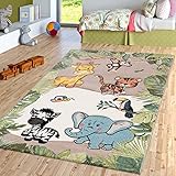 TT Home Kinderzimmer Teppich Dschungel Zoo Tiere Zebra Tiger Löwe AFFE Beige Creme, Größe:80x150 cm