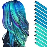 FESHFEN Farbige Haarverlängerung, 12 PCS Blaugrün Blau Haarteil für Damen Synthetik Party Highlight Bunte Glatte Haarverlängerungen Clip in Haarteil für Frauen, 55cm