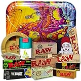 Rolling Tray 27.5 x 17.5 cm + Airtight Tin + RAW ashtray + Raw papers 1 1/4 Organic, Black und Classic, 5 meters + Tips + Raw Cones Kingsize + Stickers – Gift for smokers