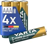 VARTA Batterien AAA, wiederaufladbar, 4 Stück, Power on Demand Recharge Accu, Akku, 1000 mAh Ni-MH, ohne Memory Effekt, vorgeladen, sofort einsatzbereit