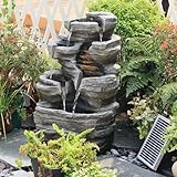 Solargetriebener 6-stufiger Kaskadenbrunnen mit LED-Beleuchtung, inkl. Pumpe & Solarpanel | 62 cm hoch, Steingrau für Terrasse, Balkon, Vorgarten | Natursteinoptik-Wasserfall, Außendeko​