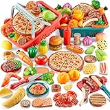 Comirth Spielen Sie Lebensmittel-Sets für Kinder Küche-80PC Pretend Lebensmittel mit 2 Kinder Picknick-Korb, Spielzeug Lebensmittel mit Pizza Spielzeug, Kunststoff Lebensmittel Schneiden Spielzeug