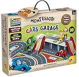 Lisciani - MONTESSORI - Garage für Autos - Fantasie- und Actionspiel - Holzautos - Garage und Rutsche 3D - Rennstrecke - Für Kinder von 3 bis 6 Jahren