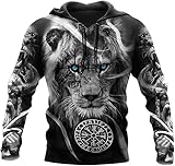 Wikinger Krieger Tattoo Sweatshirt Für Herren，Nordische Mythologie Fenrir Raven/Lion Vegvisir Hoodie Frühling Herbst Pullover Für Herren Und Damen Party Cosplay Kostüm(Lion Vegvisir Hoodie,XS)