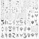Temporäre Tattoo für Gesicht Körper, Temporäre Tattoos Erwachsene, 120 Blatt Schwarz Klebetattoos, Wasserdichte Temporäre Tattoos mit Blumen