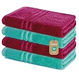 Lavea Duschtücher 4er Set – 70x140 cm – 100% Baumwolle – Weiche & Saugfähige Frottee Handtücher – 500 g/m² – Einfarbig & Zweifarbig – ÖKO-TEX Zertifiziert – Waschbar bis 60°C - Bordeaux & Türkis