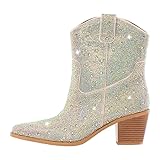 blingqueen Damen Western Stiefeletten Cowboy Ankle Boots Strass Blockabsatz Glänzend Westernstiefeletten 40 EU