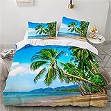 Damier Bettwäsche 155x220 3 Teilig Strand Meer 3D Bettwäsche Blau Grün Beach Bettbezug Set Weich Mikrofaser Bettwäsche für Zimmer Deko Hawaii Strand mit Reißverschluss und 2 Kissenbezüge 80x80 cm