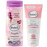 Balea 2er-Set Hautpflege: Balea Duschgel Fairytale Cremedusche mit bezauberndem Feenstaub-Duft, 300 ml + Peeling Bodylotion Beauty Expert 5% AHA entfernt sanft abgestorbene Hautzellen, 200 ml (500 ml)