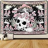 Yugarlibi Totenkopf Wandteppich Rosa Pilz Wandbehang Skelett Wandteppiche Mond Sonne Wandtuch Wandkunst für Schlafzimmer Wohnzimmer, Rosa 210x150cm
