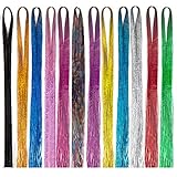 12 Farben Haar Lametta, 1200 Strands Lametta Haarverlängerungen, Hitzebeständig Haarlametta Extension, Glänz Haarsträhnen für Mädchen Frauen Party Musik Festivals Weihnachten, 120 cm