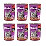 Whiskas Katzenfutter Nassfutter Adult 1+ mit Rindfleisch in Soße, 6 Dosen (6 x 400g)