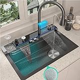 Faizee Möbel - Küchenspüle Nano 75x46cm - Wasserfallspüle aus hochwertigem Edelstahl mit ausziehbarem Wasserhahn und Zubehör