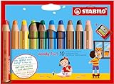 STABILO - Buntstift, Wasserfarbe & Wachsmalkreide - woody 3 in 1-10er Pack mit Spitzer