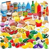 JOYIN 135 Stück Pretend Küche Spielen Lebensmittel Spielzeug mit Obst, Gemüse, Geschirr, Flasche Kinder pädagogische Küche Spielzeug für Kleinkinder Jungen und Mädchen