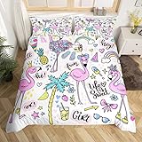 Homewish Rosa Flamingo Bettwäsche für Mädchen Frauen Nette Tier Flamingo Dekor Bettbezug 135x200,Hawaii Urlaub Stil Abdeckung Sommer Tropische Früchte Palmenblätter Romantisches Thema Bettwäsche