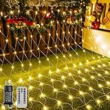 Ollny Lichternetz Außen 3x2m, 200 LED Lichterkette außen Netz warmweiß mit Fernbedienung Timer, Wasserdicht Lichternetz Innen 8 Modi für Büsche Garten Zimmer Balkon