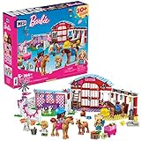 Barbie MEGA HDJ87 - Pferdestall-Bausatz, 304 Bausteine, Teile mit Mode-& Rollenspielzubehör, 3 Mikropuppen, 2 Pferde, 2 Hasen, 2 Vögel, 1 Pony, 1 Lamm und 1 Welpe, Bauspielzeug für Kinder ab 5 Jahren