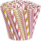 [200er Packung] Hot Pink & Gold Papier Trinkhalme 100% biologisch abbaubare Multi-Pattern Party Strohhalme