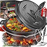 KESSER® Dutch Oven Set BBQ 4,2 Liter, Feuertopf Schmortopf mit Edelstahluntersetzer, Gusseisen Topf mit Deckelheber Henkel und Schlitz für Themormeter, kochkessel Grilltopf für Oudoor & Indoor