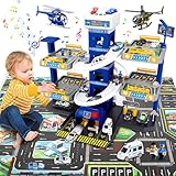 FORMIZON 5 Stockwerke Parkhaus für Kinder, Parkgarage Feuerwehr und Polizei mit Garage, Rampen, Aufzug, Tankstelle, Licht & Sound, Spielzeug Parkhaus mit 12 Autos und 3 Hubschrauber für Kinder (Blau)