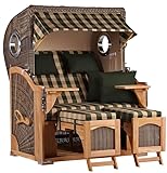 MR. DEKO Strandkorb Komplett-Set Düne Teak | Garten Volllieger Set | 2-Sitzer Beach Chair Dessin 506 | Bullaugen | inkl. Lifter System, Abdeckhaube, Doppellenkrollen, Windschutzfolie125x80x170 cm