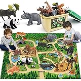 FRUSE Tiere Figuren Spielzeug mit 145x98cm Aktivität Spielmatte,12 Stück Realistische Tierfiguren mit Löwe,Tiger,Elefant,Safari Tiere Figuren Lernspielzeug Geschenke für Kinder Jungen Mädchen