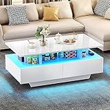 YITAHOME Couchtisch Weiß, Wohnzimmertisch Hochglanz mit 16-Farbiger LED Beleuchtung Modern, Beistelltisch Weiss mit Offenem Ausstellungsregal und 4 Ausziehbaren Schubladen 90x55x41,1 cm ﻿