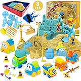 Magic Sand Kit - Spielsand Baukasten 3lbs Sand mit 2 Farben, 6 Mini Baufahrzeuge, Bauspielzeug und Schilder, Tierform, Modellierwerkzeuge, Faltbarer Sandkasten mit sauberen Set für Jungen Mädchen