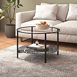 Holamys Beistelltisch Schwarz, Schwarze Marmor-Optik 70 cm Hartglas, Modernes Design, Robuster Couchtisch mit Ablage, Vielseitiger Teetisch