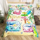 richhome Sommer Strand Kinder Bettbezug Set 135x200,Tropische Kokosnussbäume Palmen Bettwäsche Set, Hawaii Bus Ozean Surfen Mode Tröster Abdeckung, Bunte Quilt Cover, 1 Kissenbezug