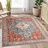 KIMODE Boho Teppich Wohnzimmer, Waschbarer Kurzflor Teppich Groß Orientalischer Kunstwolle rutschfest Teppich Schlafzimmer, Vintage Teppich für Wohnzimmer, Schlafzimmer, Esszimmer, 150x210cm