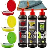 Auto Politur Set - Menzerna Autopolitur - Menzerna Heavy Cut Compound 1000 - Menzerna Medium Cut Politur 2500 - Menzerna Super Finish Plus 3800-3 passende Pads ⌀140mm - 1 Nanofaser Poliertuch