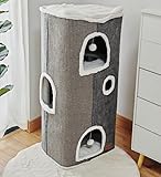 Spindro Katzenhöhle Katzenbett große, Katzenhaus Indoor Katzen schlafplatz mit abnehmbarem Sherpa Katzenkissen und hängendem Spielzeug, Katzen Bettchen, hellgrau 42x32x84cm