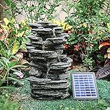 BTGGG Solarbrunnen für Draußen, Kaskaden Steingarten Solar Springbrunnen Gartenbrunnen mit LED-Licht für Außen Solar Wasserspiel Wasserfall Brunnen mit Solarpanel für Garten,Teich,Terrasse