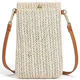 HATOFES Handytasche Zum Umhängen Damen,Umhängetasche Klein, Strohtaschen für Frauen Crossbody Strand Tasche, Handy Schultertasche mit Langem Gurt für Mädchen,straw beach bag (White)
