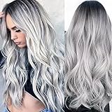 FENGQ Karneval Perücke Grau Damen, Ombre Silber Grau Lang Lockig, Lange Graue Ombré Perücke, Lange Perücken Grau, Natürliche Synthetische Haare, Lange Graue Ombré Perücke für Damen